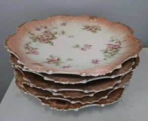 SET OF 6 B & H LIMOGES FRANCE 8 1/2" PLATES ~ PINK GOLD FLOWERS - Picture 1 of 4