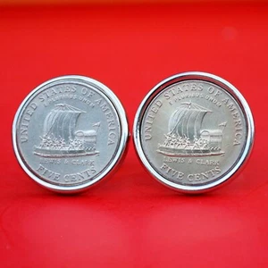 US 2004 Jefferson Nickel 5 Cent BU Unc Coin Silver Plated Cufflinks - Keelboat - Picture 1 of 8
