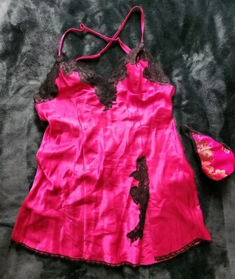 Camisón Fredericks of Hollywood Rosa Brillante Satinado Negro Encaje Talla S Foto 1 de 4