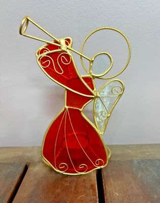 Stained Glass Angel Tealight Votive Candle Holder Playing a Horn Red - Image 1 of 4