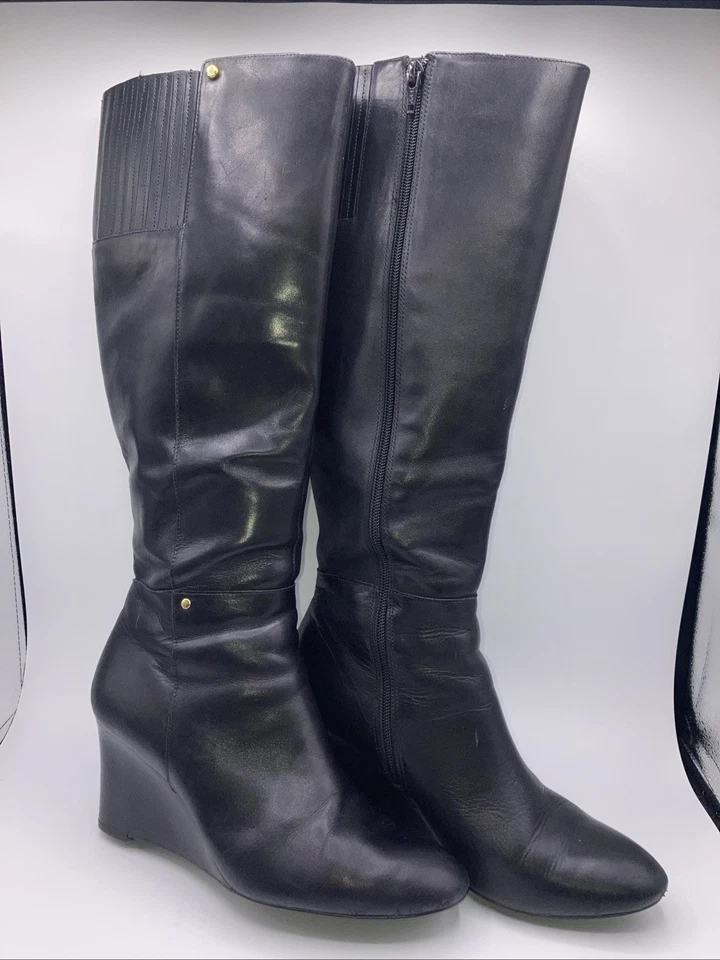 Botas anabela Ralph Lauren Tamora altura do joelho preto com zíper feminino EUA tamanho 8,5 B - Imagem 1 de 4