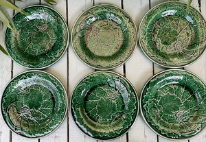 Antique 6 English Majolica Green Plates by Wedgwood. Unstamped vg condition 9" - Picture 1 of 13