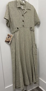 Vintage FLAX Engelhart Small Green Linen Collared Dress Maxi 1 Pocket - Picture 1 of 7