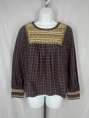 J Crew Holiday Plaid Peasant Top Size Small Embroidered Gold New - Image 1 of 4