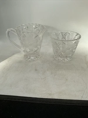 Cristal Floral y Patrón Diamante - Juego de Jarra y Azucarero Vintage Vidrio Crema Foto 1 de 4