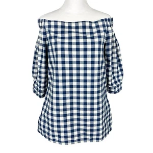 Tizzie M 100% Cotton Blue Gingham Plaid Off Shoulder Blouse Top Contrast Cuff - Picture 1 of 12