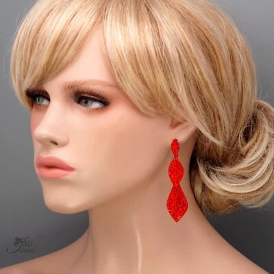 Women Red Chandelier Dangle Earrings Crystal Rhinestone leaf Prom Party 2786 - Image 1 of 4