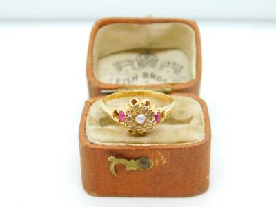 Victorian 18ct Gold, Ruby, Diamond, Seed Pearl Floral Dress Ring 1873 Antique - Image 1 of 4