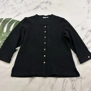 Habitat Womens Crinkle Top Size L Black Button Front 3/4 Sleeve Loose Fit - Picture 1 of 12