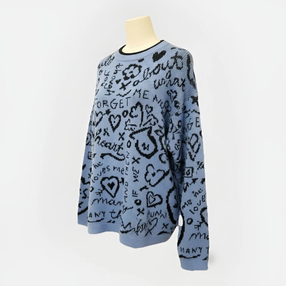 Suéter Gitano Knit Love Vintage Azul Preto Estampa Doodle Tamanho P Casual Outono Grafite - Imagem 1 de 4