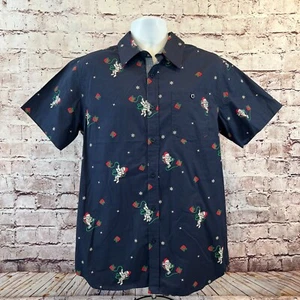 Eighty Eight Men's Blue Skeleton Santa Astronaut Short Sleeve Button Up Shirt L - Picture 1 of 7