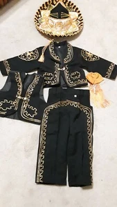 Beautiful 5 pieces Boy Charro Suit,Black W/Gold Charro Suit W/hat,Charro Size 1 - Picture 1 of 5