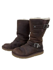 UGG Women Size 7 Kensington Brown Leather Shearling Lined Buckle Moto Boots 5678 - Picture 1 of 10