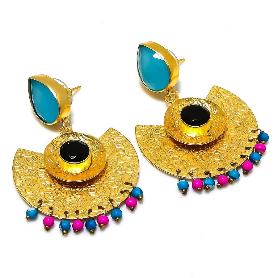 Blue Chalcedony Gemstone Brass Designer Stud Earrings Jewelry - Image 1 of 1