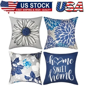 Decorative Throw Pillow Covers Set of 4,Blue 18x18 inch Throw Pillow Cases Linen - Picture 1 of 8