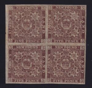 Newfoundland Sc #19 (1861-2) 5d chocolate brown Heraldic Block of 4 Mint VF