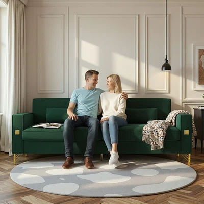 Sofá de terciopelo verde esmeralda de lujo FX-P18-RG2 con detalles dorados - Moderno 3 asientos Co Foto 1 de 4