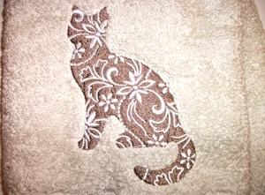 FLORAL CAT SILHOUETTE, EMBROIDERED DESIGN, BEIGE HAND TOWEL - Picture 1 of 3