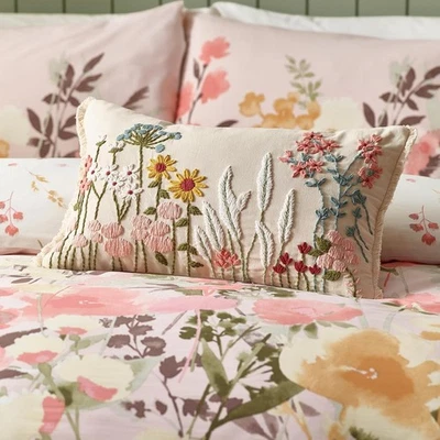 Catherine Lansfield Embroidered Countryside Floral Cushion Girls Bedroom Decor - Image 1 of 2