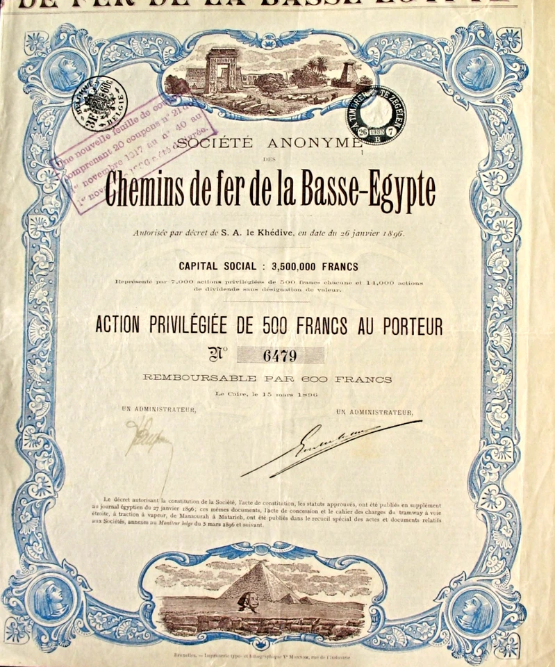 Chemins de fer de la Basse-Egypte Egipto hist acciones ferroviarias El Cairo 1896 África Foto 1 de 1