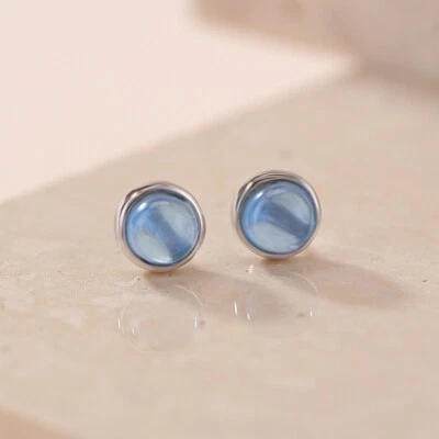 N02 Orecchini Rotondi Blu Acquamarina Argento Sterling 925 Orecchini A Perno - Immagine 1 di 4