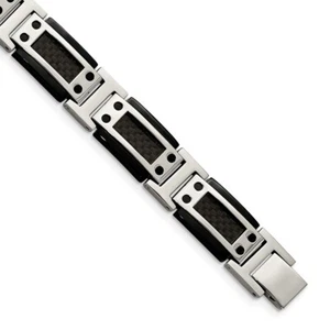 Mens 8.5" Stainless Steel Polished Black Plated w/ Carbon Fiber Inlay Bracelet - Afbeelding 1 van 6