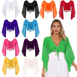 Womens Belly Dancewear Sheer Mesh 3/4 Flared Sleeve Wrap Shawl Crop Tops Costume - Picture 1 of 77