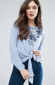 QED London @ ASOS Tie Front Top Embroidery MEDIUM Blouse Shirt Blue White Summer - Picture 1 of 6