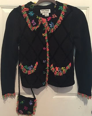 Cardigã Jack B Quick Petites suéter aplique miçangas bordado pequeno P com bolsa - Imagem 1 de 4