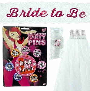 Hen Party Bride to Be Fun Accessories Kit Badges Veil Sash Garter Wedding Games - Picture 1 of 6