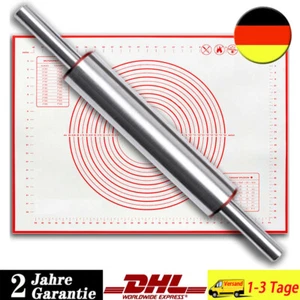 Edelstahl Nudelholz mit Holzgriffen Teigroller Rollholz Walze Küchenzubehör DE - Bild 1 von 15