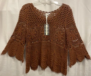 Ultra Pink NWT Crocheted Knit 3/4 Sleeve Women’s Size Medium Boho Peasant Shirt - Picture 1 of 11
