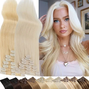 Clip in Russian Human Hair Extensions 100% Real Remy Hair Full Head 8Pieces Weft - Picture 1 of 48