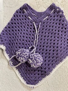 Child Girl's Crocheted Poncho Pullover Handmade Purple and White 16" H x 22" W - Picture 1 of 7