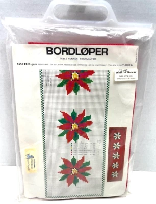 Vintage Bordloper Christmas Table Runner Red w/Poinsettia Embroidery Kit 36"x10" - Image 1 of 4