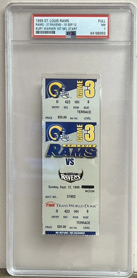 Kurt Warner HOF 1st NFL Start 1999 St Louis Rams Full Ticket PSA 7 NM - Image 1 of 1