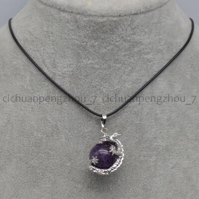 Natural Purple Amethyst Round Ball Dragon Pendant Necklace Earrings Jewelry Set - Image 1 of 4