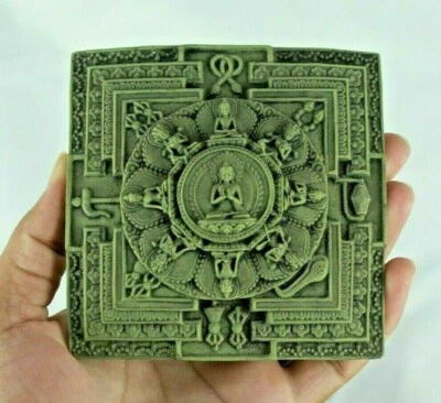 Handcrafted Tibetan Mandala Resin Tile | Multiple Buddha Figures, Wall Decor - Image 1 of 4