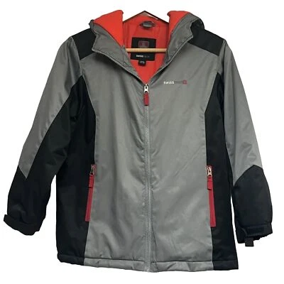Girls Swiss Tech Coat Jacket Size 10/12 Grey Black Red with Hood and Zip Pockets - Image 1 of 4