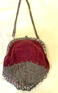 VICTORIAN ANTIQUE STEEL BEAD METAL FRAME VELVET PURSE -FREE SHIP - Picture 1 of 9