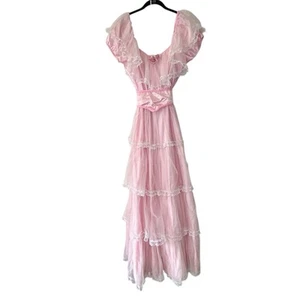 Vintage 70s Pink Ruffle Lace Layered Tiered Maxi Prairie Dress M - Picture 1 of 7