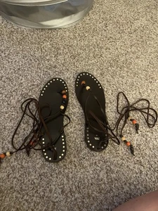 Zara Brown Leather Ankle Wrap Beaded Sandals 40 - Picture 1 of 6