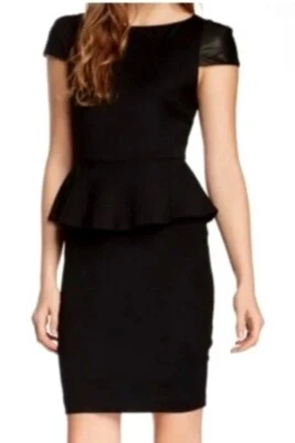 Alice + Olivia Dress Women 6 Black Leather Sleeves Peplum Waist Victoria Sheath - Image 1 of 4