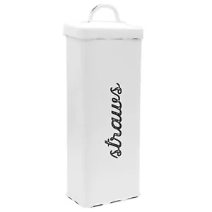 White Farmhouse Enamelware Straw Holder, Retro Metal Storage Canister