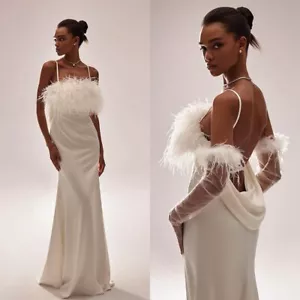 Evening Wedding Dresses Spaghetti Strap Feather Satin Sheath Backless Train New - Picture 1 of 16