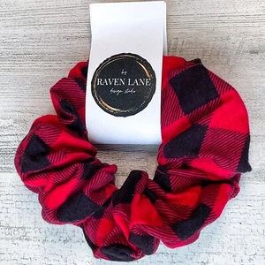 Red Buffalo Flannel Scrunchie | Big Scrunchies Fashion Hair Ties Large Volume - Picture 1 of 4