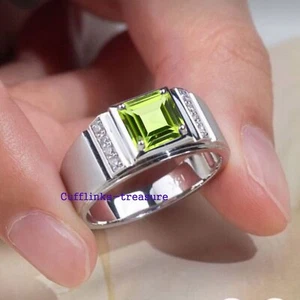 Natural Peridot & Moissanite Gemstones with 925 Sterling Silver Men's Ring #822 - Picture 1 of 6