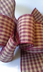 2.5" Ribbon homespun ck burgundy & beige 5 yds. Farmhouse Valentine Winter wire - Picture 1 of 2