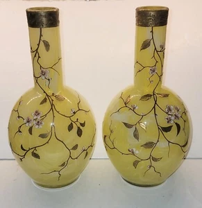 Antique Pair Of Bohemian Yellow Glass Enamel Flowers Vase Gold Gilt Harrach - Picture 1 of 6