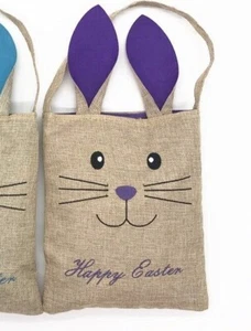 Easter Bunny Bag for Candy - Jute and Felt with embroidered Happy Easter -Purple - Picture 1 of 5
